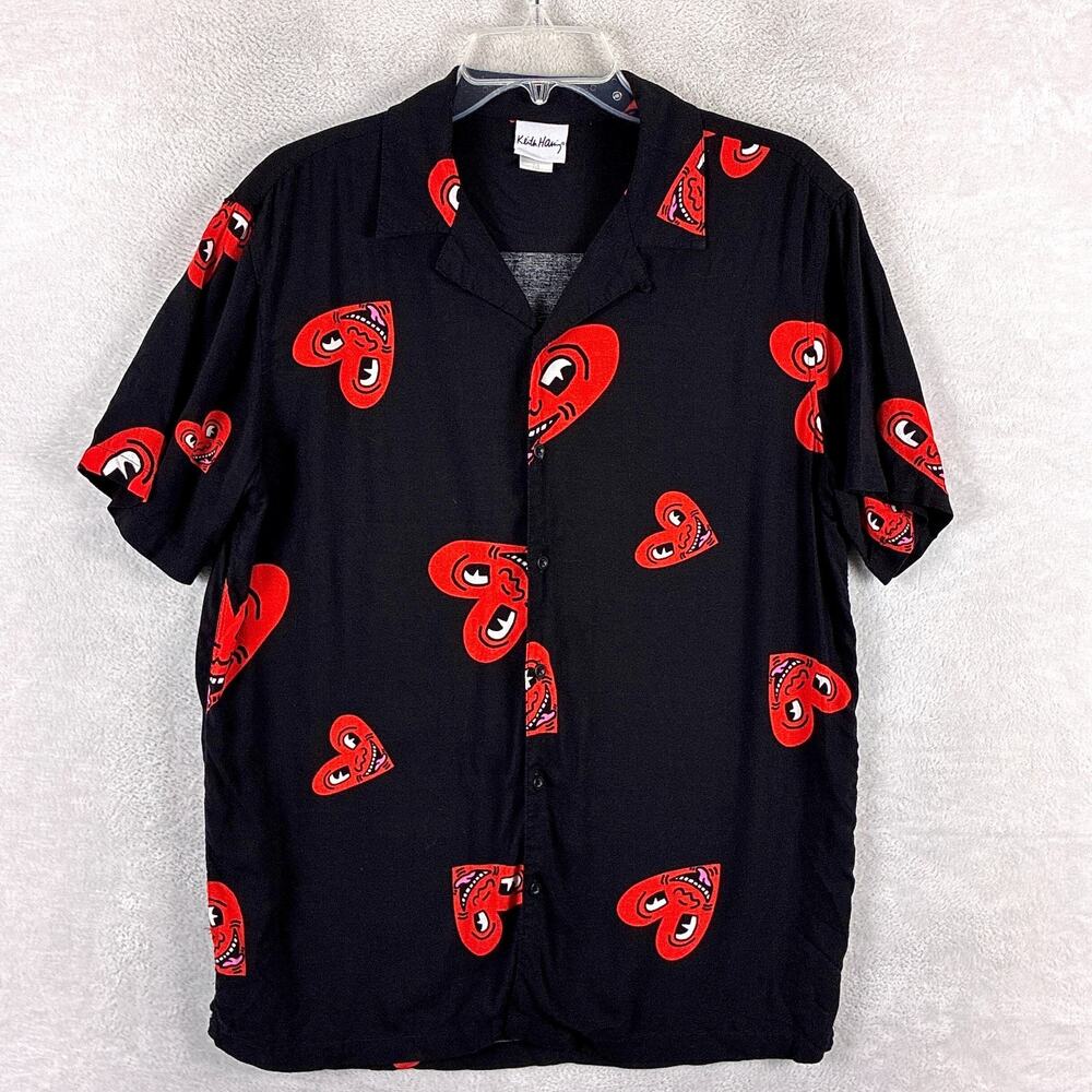 Keith Haring Shirt Mens M Black Red Heart Rayon Pop Art Surf Streetwear 90s